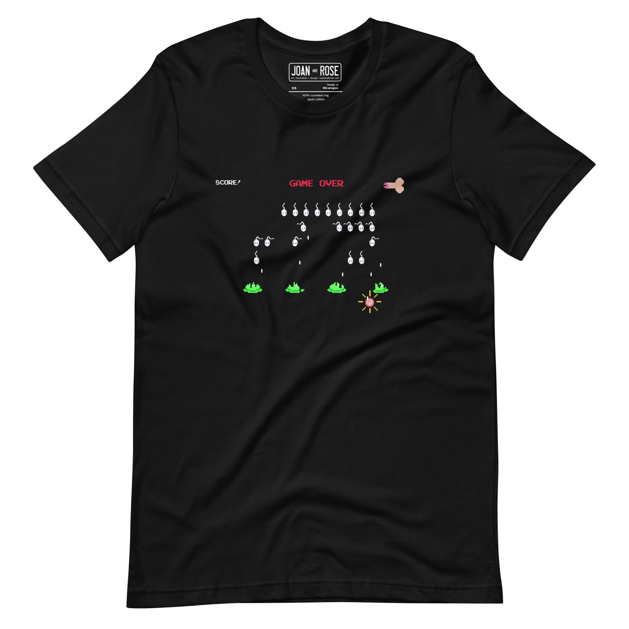 Black t-shirt with Space Invaders parody illustration in the style of an 8 bit graphic. A penis spaceship fires sperms (aliens) who fire downward towards a human egg. A sperm has hit the egg and the text Game Over appears over the image
